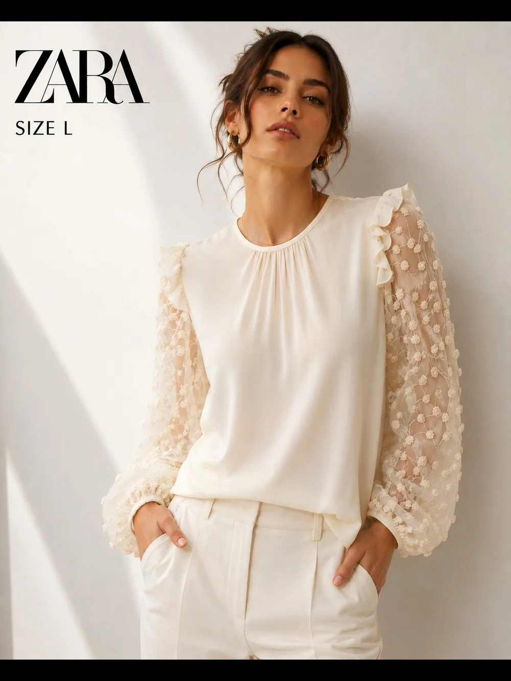 Zara Women's Cream Blouse Floral Sheer Puff Sleeves 100% Viscose Size L